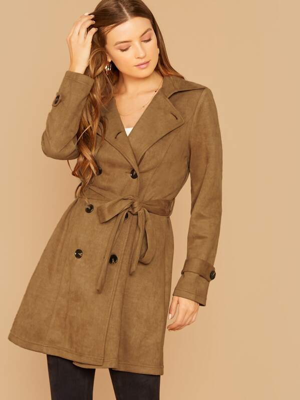 

Double Breasted Belted Suede Coat, Brown, Amanda Mondale