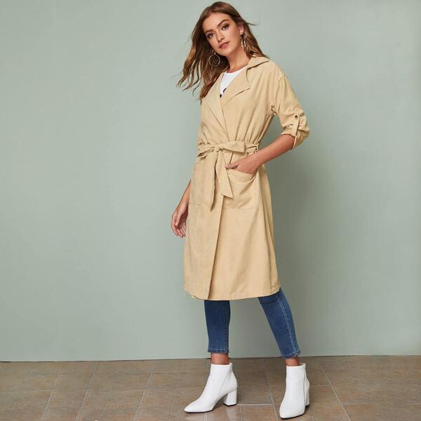

Roll Tab Sleeve Self Belted Pocket Front Wrap Coat, Khaki pastel