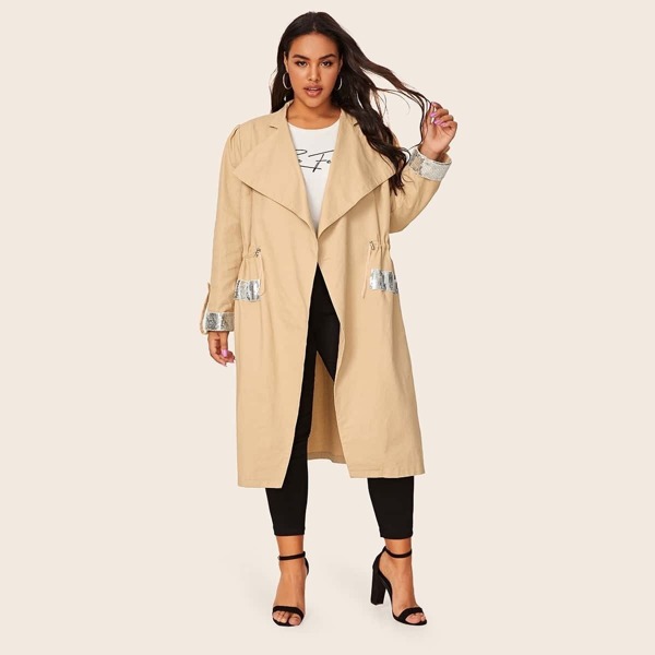 

Plus Drawstring Waist Contrast Sequin Waterfall Coat, Khaki pastel