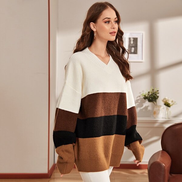 

V-neck Drop Shoulder Colorblock Sweater, Multicolor