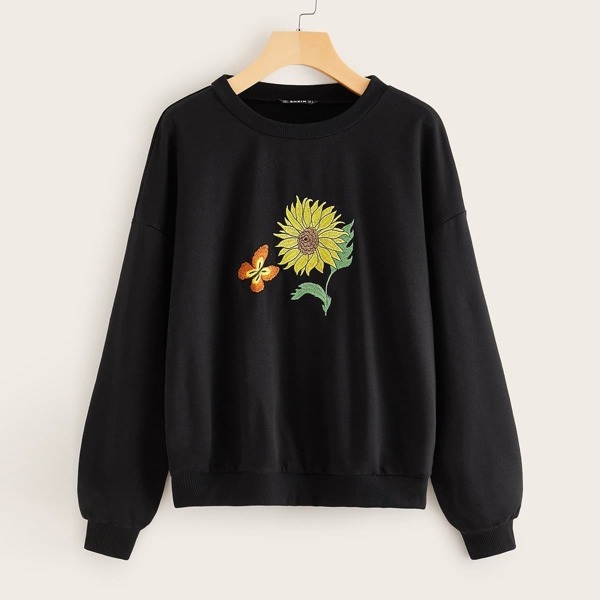 

Drop Shoulder Floral Embroidery Pullover