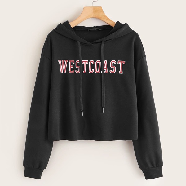 

Drop Shoulder Letter Print Hoodie, Black