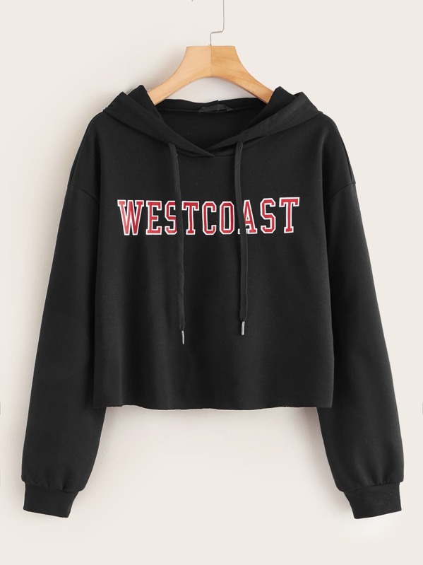 

Drop Shoulder Letter Print Hoodie, Black