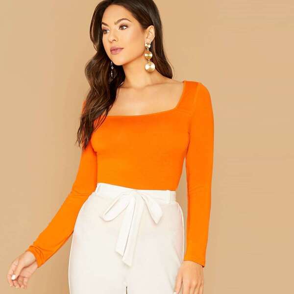 

Neon Orange Square Neck Fitted Top