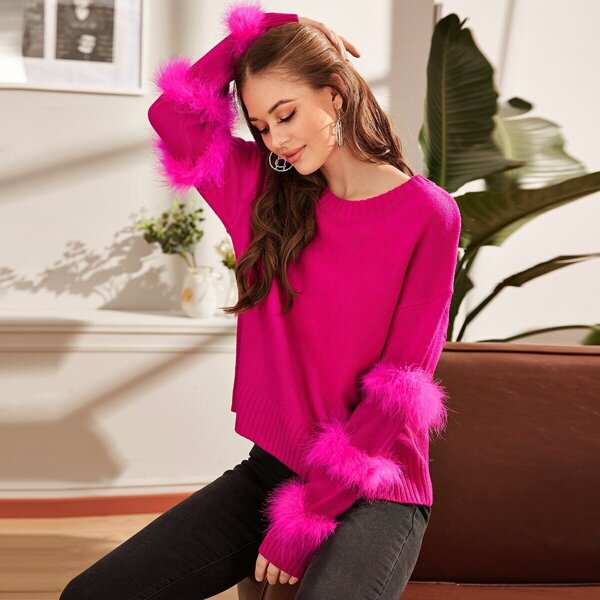 

Faux Fur Detail Drop Shoulder Sweater, Pink bright