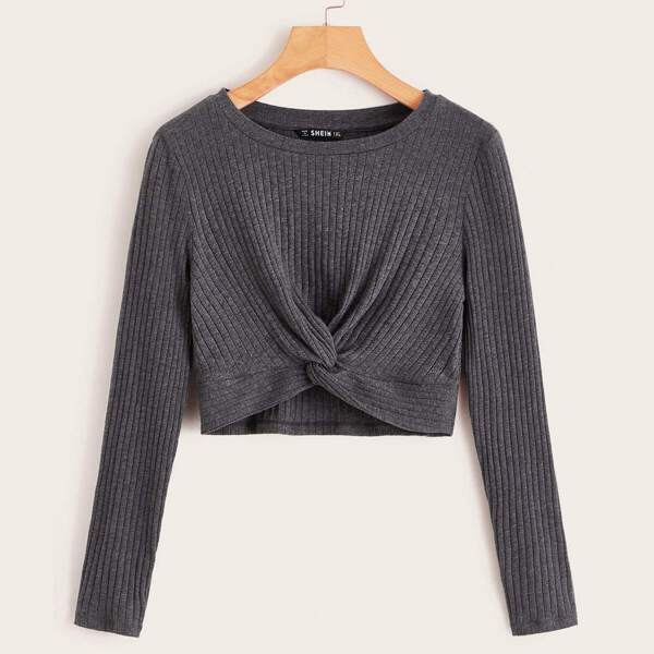 

Plus Twist Front Rib-knit Top, Grey