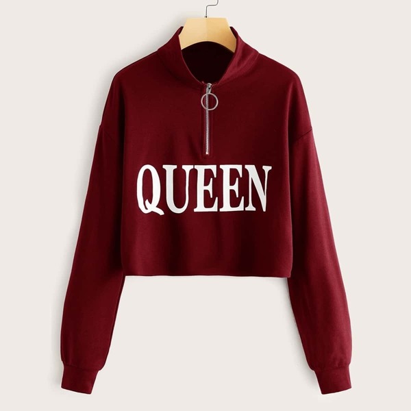 

Zip Half Placket Letter Graphic Sweatshirt, Burgundy
