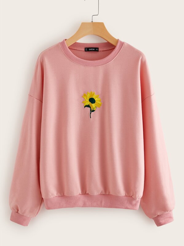 

Drop Shoulder Embroidery Detail Pullover, Pink