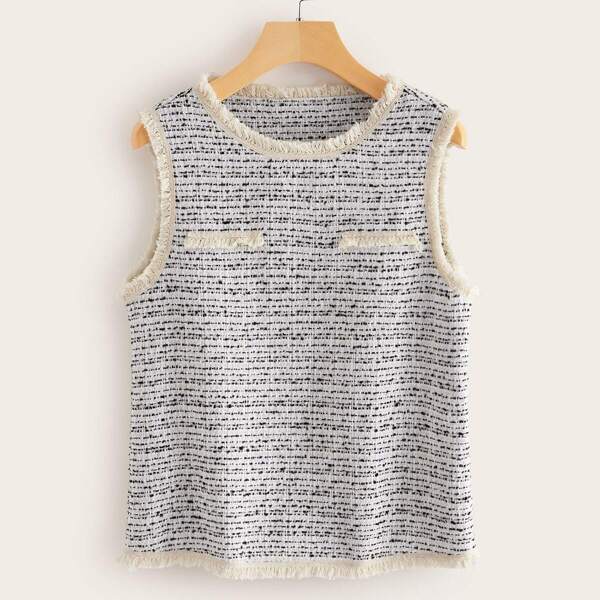 

Raw Hem Sleeveless Tweed Top