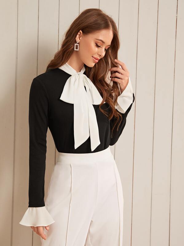 

Contrast Tie Neck Ruffle Cuff Top, Black, Sonya