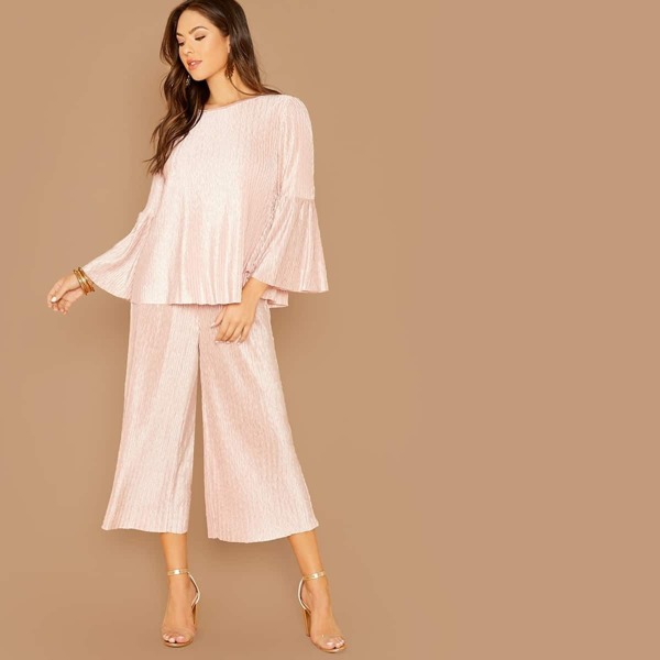 

Flounce Sleeve Textured Silky Top & Wide Leg Pants Set, Pink pastel