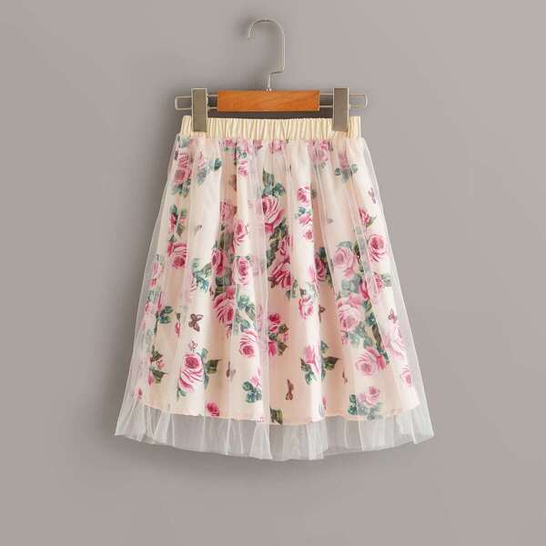 

Toddler Girls Floral Print Mesh Overlay Elastic Waist Skirt, Multicolor