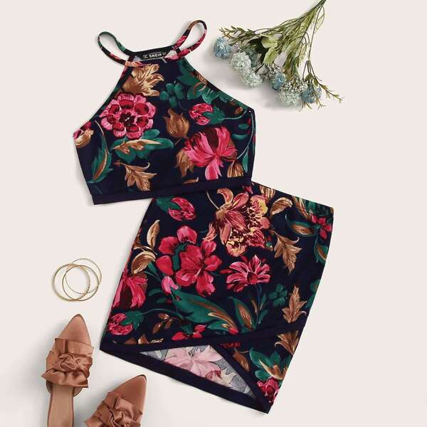 

Floral Print Halter Top & Wrap Skirt Set, Multicolor
