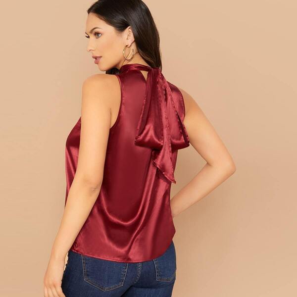 

Solid Tie Back Satin Top, Burgundy