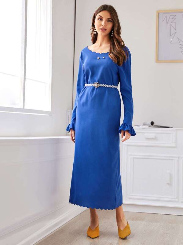 

Scallop Trim Pearls Decoration Flounce Sleeve Dress, Blue, Barbara C