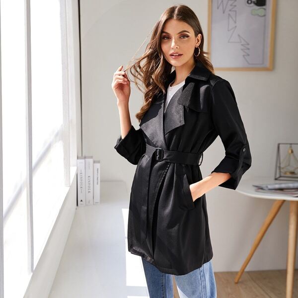 

Waterfall Roll Up Sleeve Belted Wrap Coat, Black