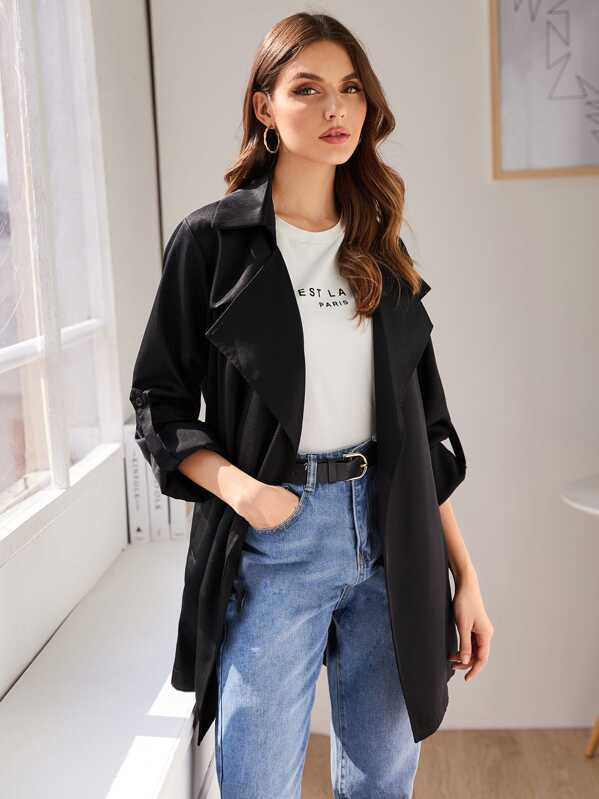 

Waterfall Roll Up Sleeve Belted Wrap Coat, Black, Barbara C