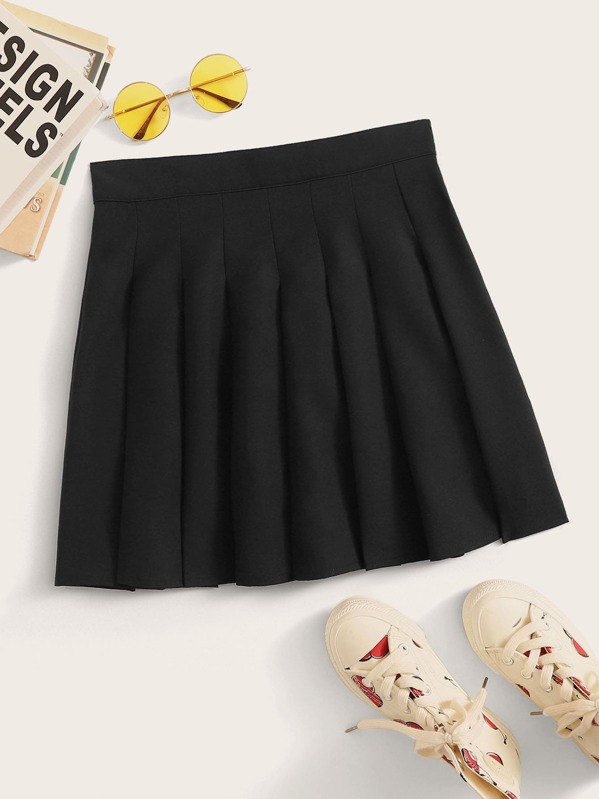 

Solid Elastic Waist Mini Pleated Skirt, Black
