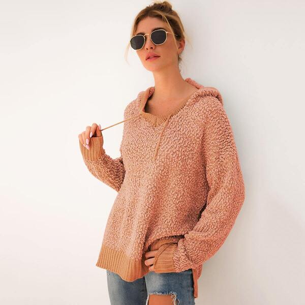 

Popcorn Knit High Low Hem Drawstring Hooded Sweater, Pink