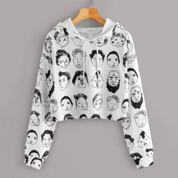 

Figure Print Drawstring Crop Hoodie, Black and white