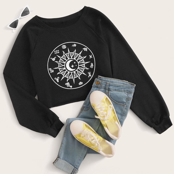 

Abstract Galaxy Print Raglan Sleeve Crop Sweatshirt, Black