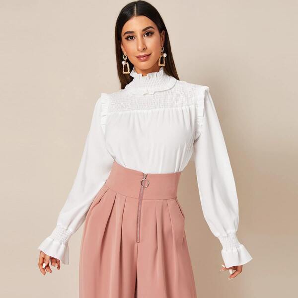 

Solid Shirred Frill Trim Chiffon Blouse, White