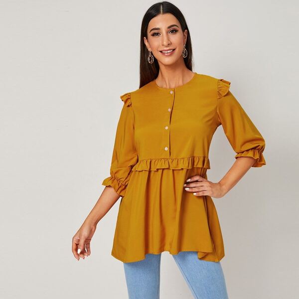 

Frill Trim Half Placket Smock Blouse, Yellow