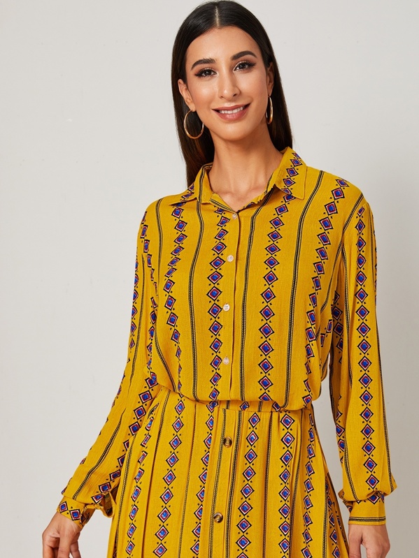 

Aztec Print Curved Hem Blouse, Yellow, Gabe