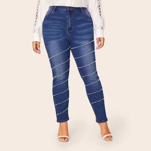 

Plus Pearls Beaded Skinny Jeans, Blue