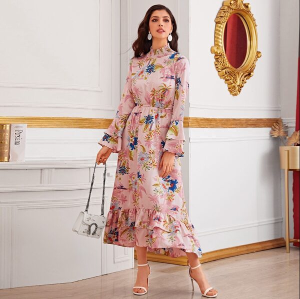 

Floral Shirred Neck Ruffle Trim Dress, Pink