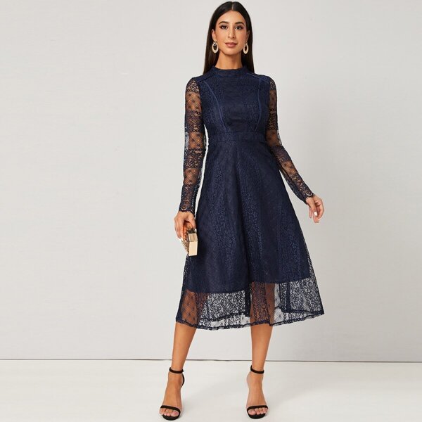 

Lace Overlay Mock Neck Dress, Navy