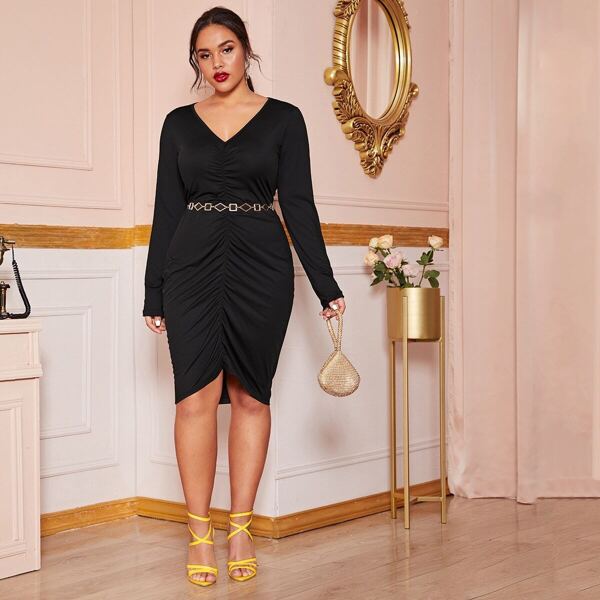 

Plus Solid Ruched Midi Dress Without Belt, Black