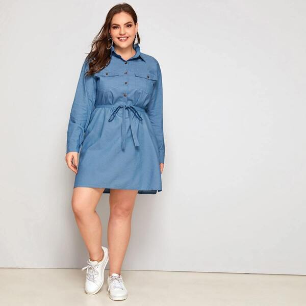 

Plus Flap Pocket Self Tie Denim Dress