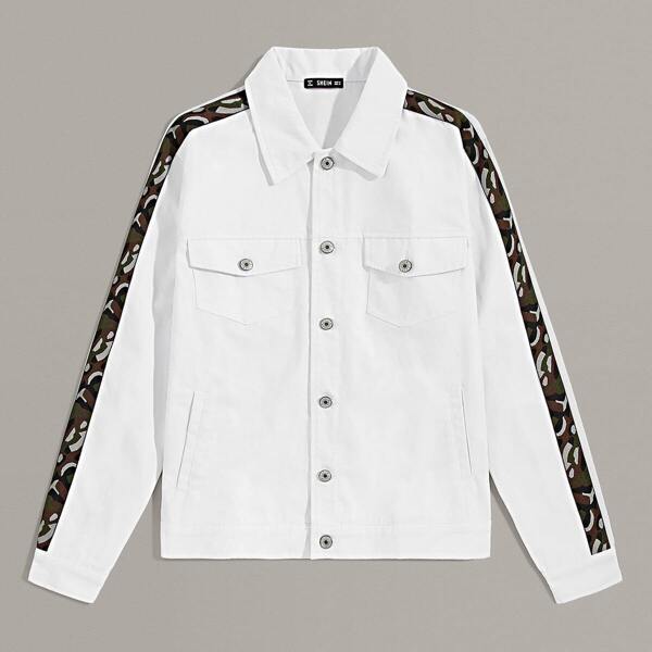 

Men Flap Pocket Patched Buttoned Front Camo Sideseam Jacket, White