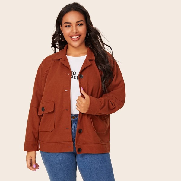 

Plus Solid Flap Pocket Single Breasted Jacket, Brown