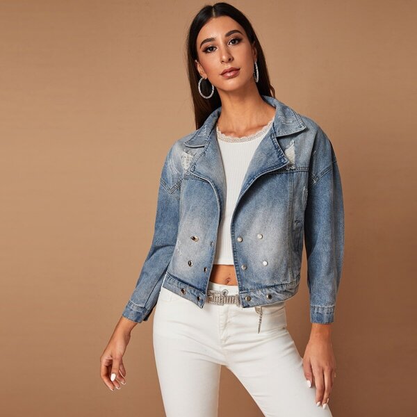 

Figure Print Back Grommet Detail Denim Jacket, Blue