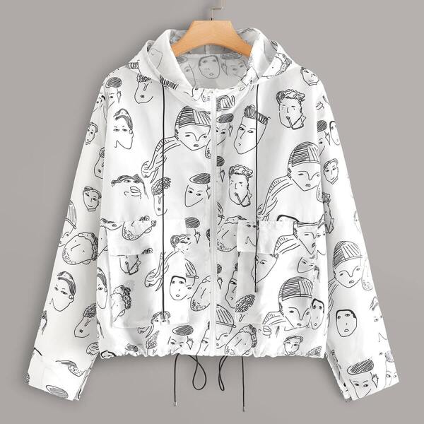 

Plus Figure Print Flap Pocket Jacket, White