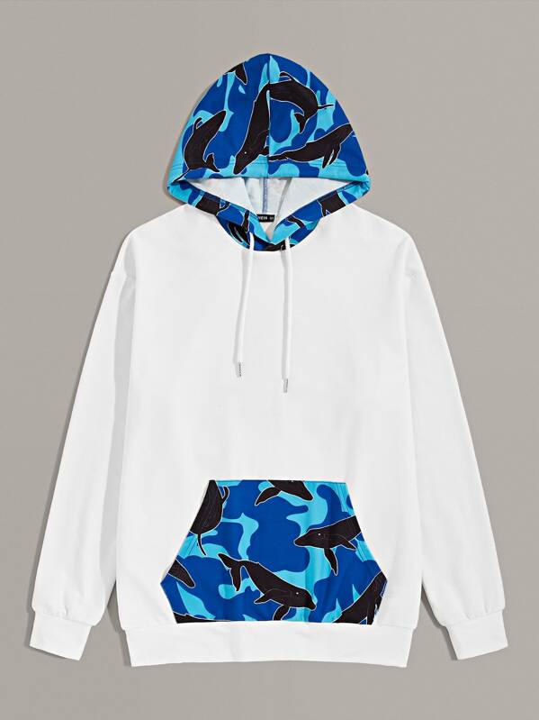 

Men Camo & Dolphin Print Hoodie, White