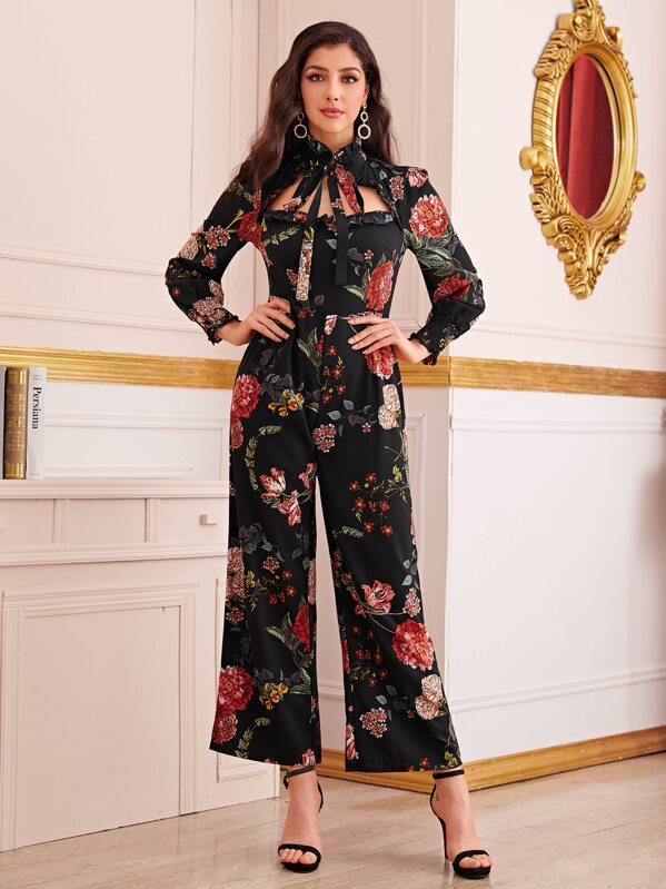 

Floral Print Cut Out Tie Neck Jumpsuit, Multicolor, Taina