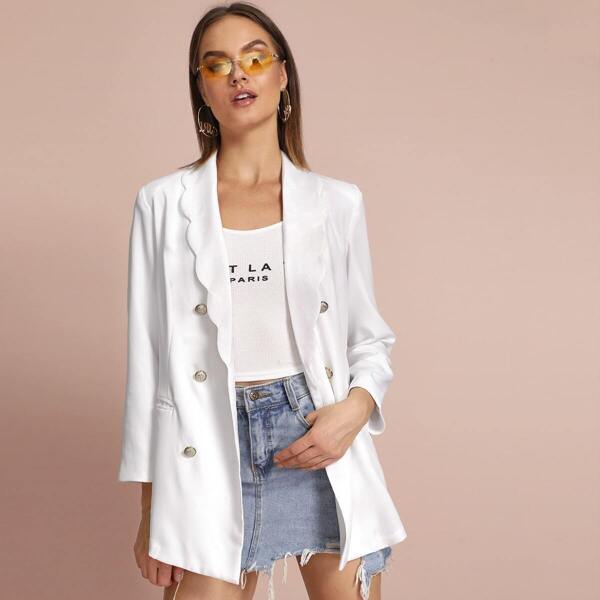 

Scallop Shawl Collar Gold Button Front Blazer, White