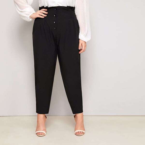 

Plus Paperbag Waist Button Front Tailored Pants, Black