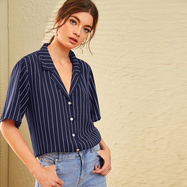 

Notched Collar Striped Shirt, Navy