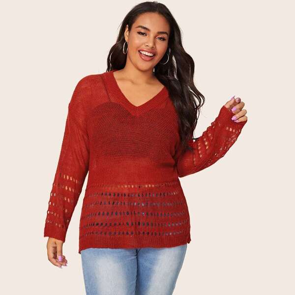 

Plus Perforated V Neck Sweater