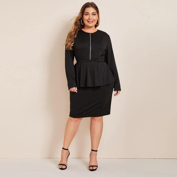 

Plus Zip Through Blouse & Ruffle Trim Skirt Set, Black