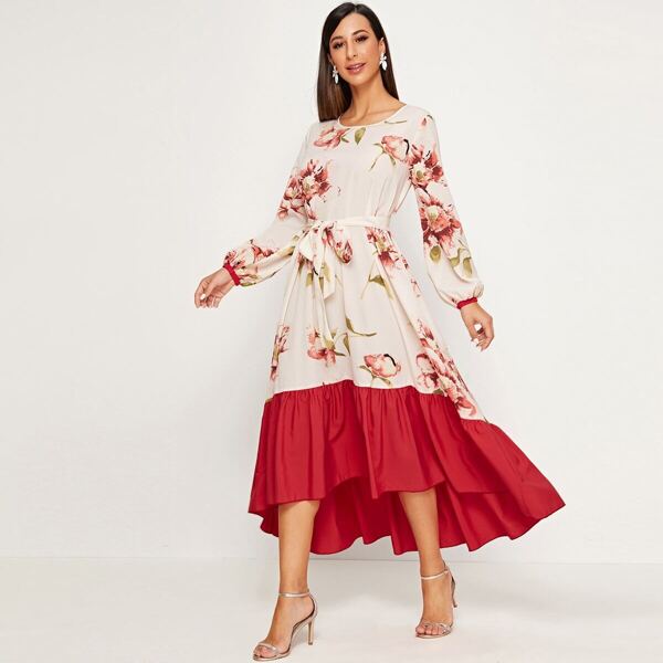 

Contrast Dip Hem Floral Print Self Belted Dress, Multicolor
