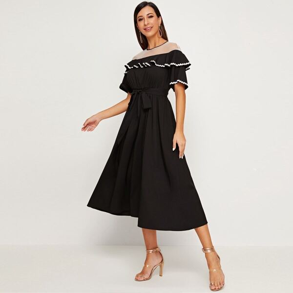 

Mesh Yoke Ruffle Trim Self Belted Dress, Black
