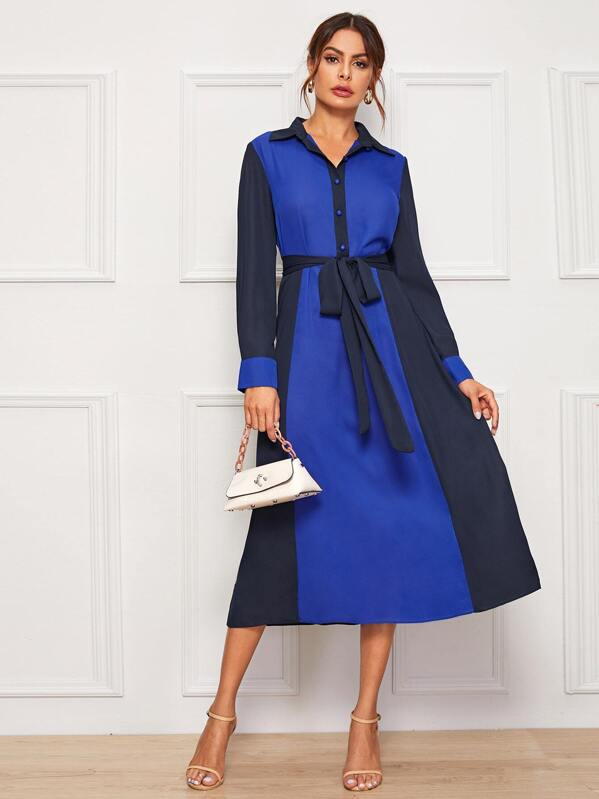 

Buttoned Front Self Belted Two Tone Shirt Dress, Multicolor, Andy