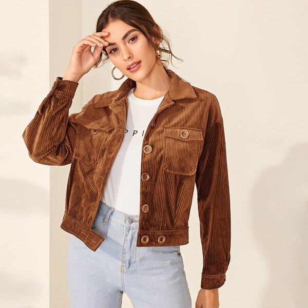 

Single Breasted Flap Pocket Patched Cord Jacket, Brown