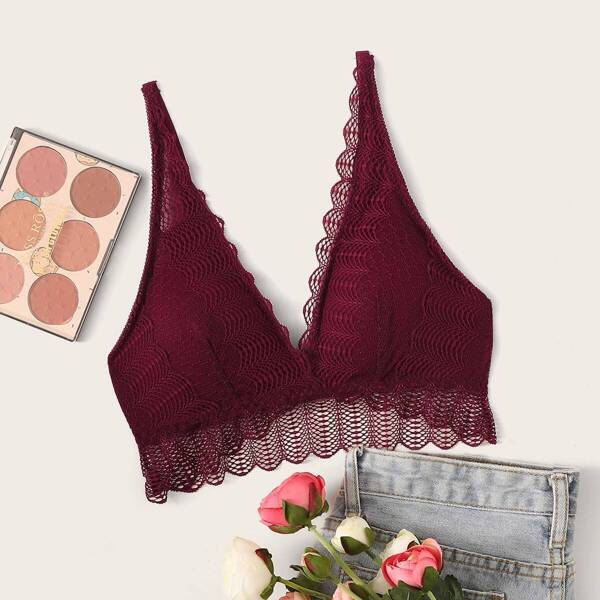 

Floral Lace Scallop Trim Bralette, Burgundy