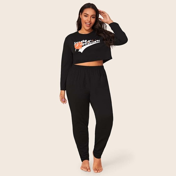 

Plus Letter Print Pajama Set, Black